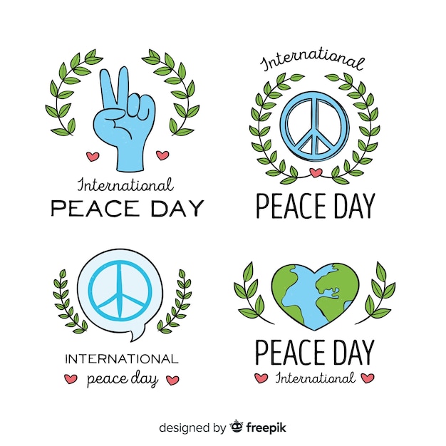 Collection of hand drawn peace day labels