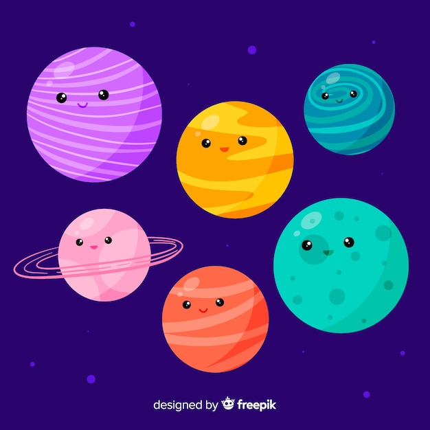 Free Vector collection of hand drawn planets with cute faces 