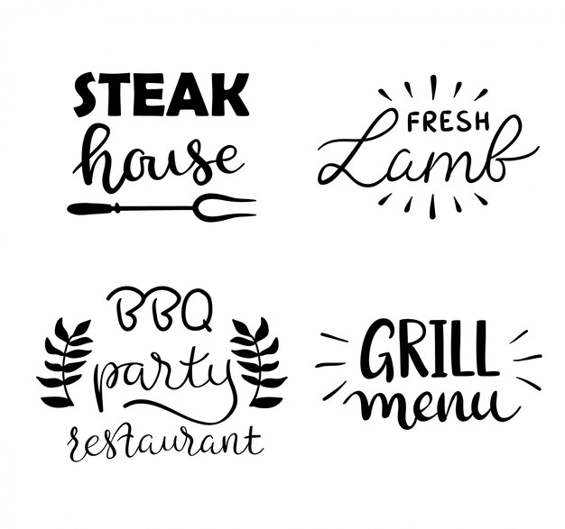 Collection of hand drawn text of grilled food, sausages, chicken, french fries, steaks, fish