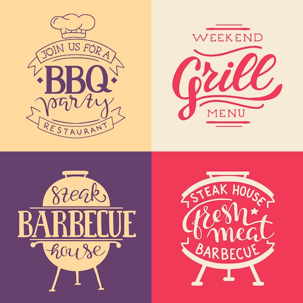 Free Vector collection of hand drawn text of grilled food, sausages, chicken, french fries, steaks, fish