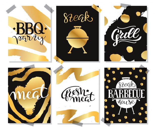 Collection of hand drawn text of grilled food, sausages, chicken, french fries, steaks, fish