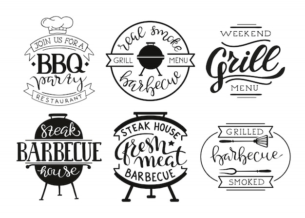 Free Vector collection of hand drawn text of grilled food, sausages, chicken, french fries, steaks, fish