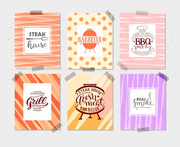 Free vector collection of hand drawn text of grilled food, sausages, chicken, french fries, steaks, fish