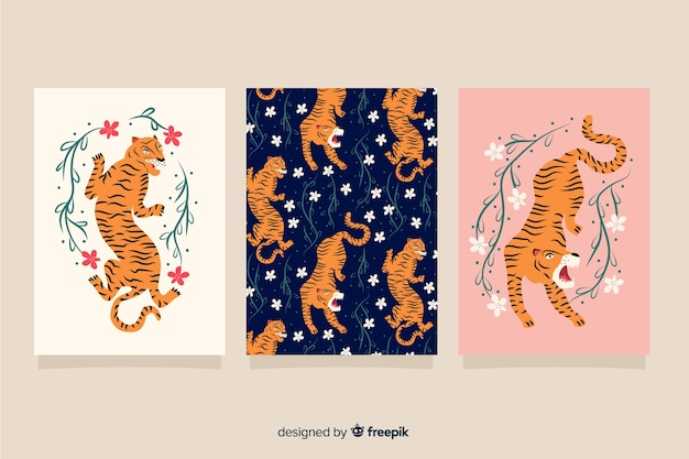 Free vector collection of hand drawn tiger cards