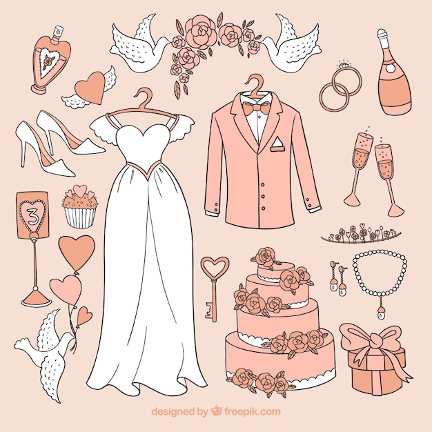 Collection of hand drawn wedding elements