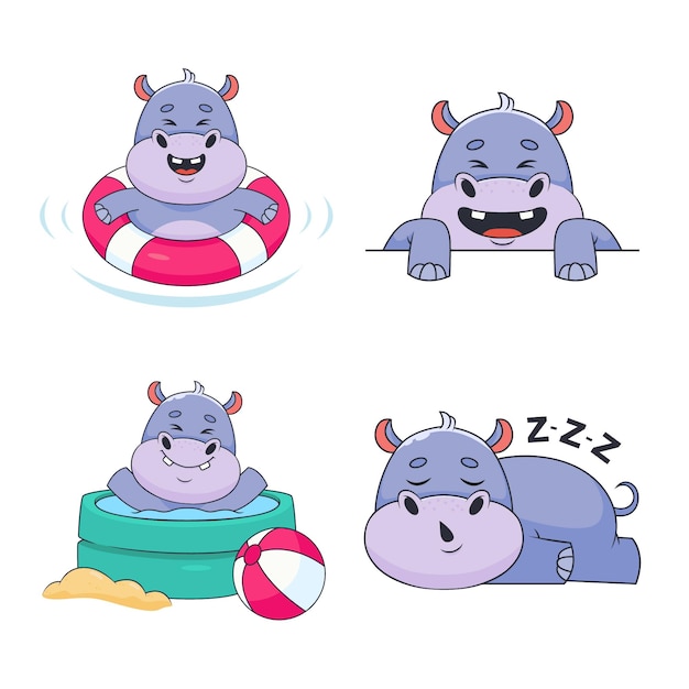 Free vector collection of handdrawn hippos swimming with lifebuoy in pool smiling and sleeping