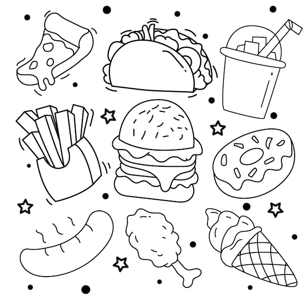 Collection of handrawn elements fast food