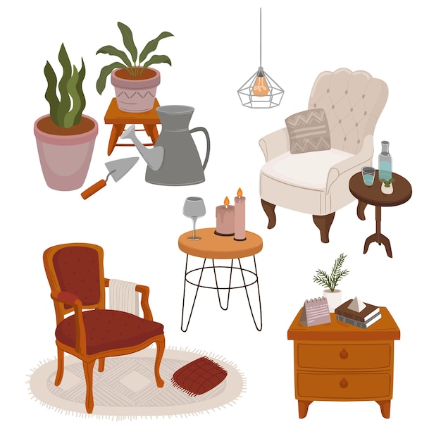 Free Vector collection of interiors with stylish comfy furniture and home decorations