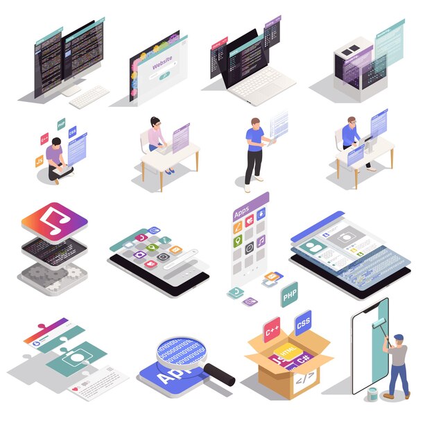 Collection of isolated application development isometric icons with conceptual images computer screens gadgets and human characters vector illustration