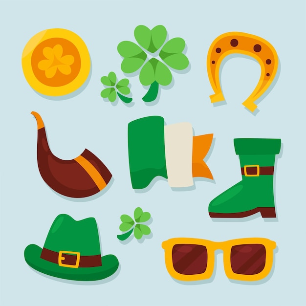 Free vector collection items of st patricks day flat cartoon style design with flag hat leprechauns boot beer clover glasses hat horseshoe horn pot and golden coin vector illustration