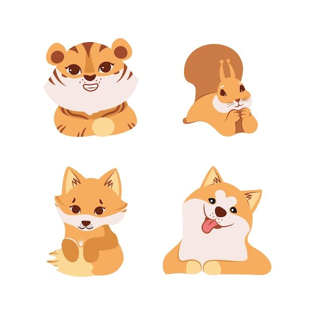 The collection of kids cartoon tiger dog fox a squirrel for logo designs stickers tshirts etc Set of animals in vector illustrations