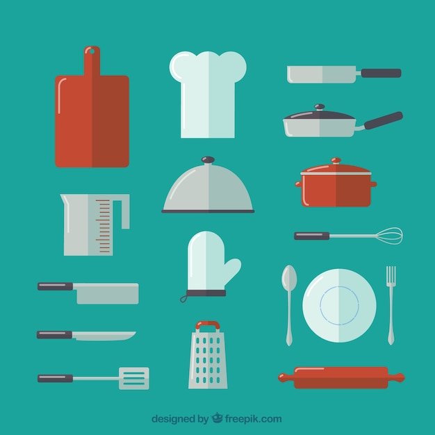 Collection of kitchen utensils and chef hat