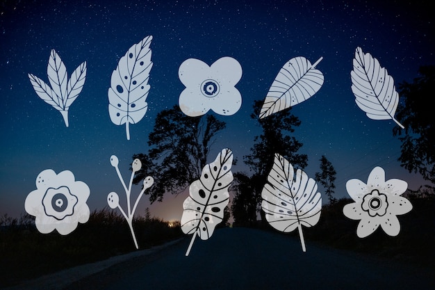 Collection of leaf design and night road landscape