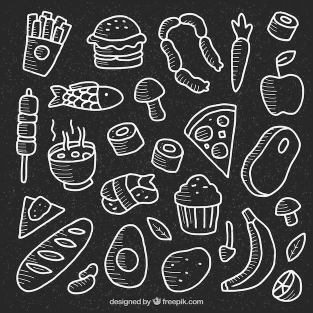 Free Vector collection of many food elements in chalkboard style