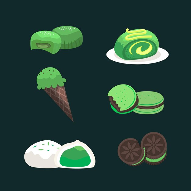 Collection of matcha dessert isolated on dark background