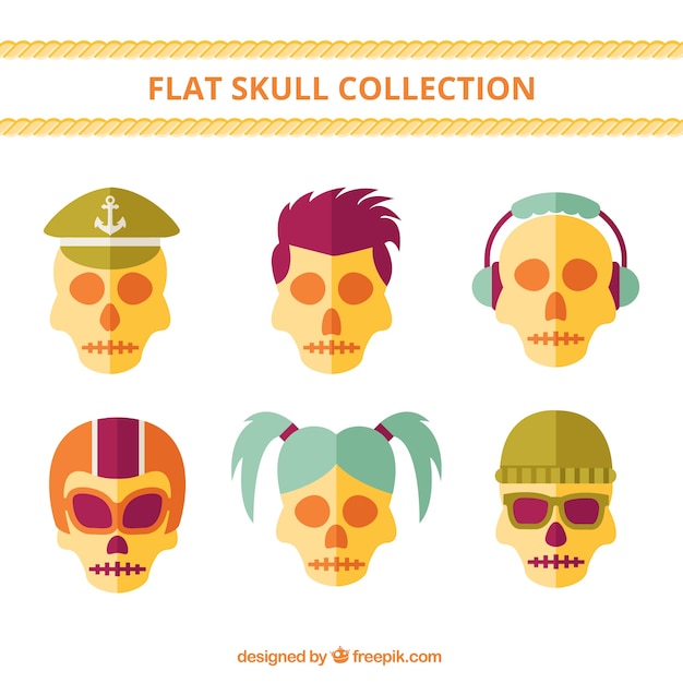 Free vector collection of modern skulls in flat design