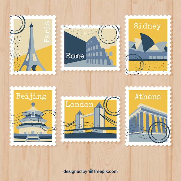 Collection of modern yellow travel stamps