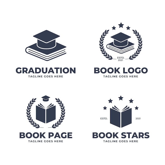 Collection of monochrome flat design book logo