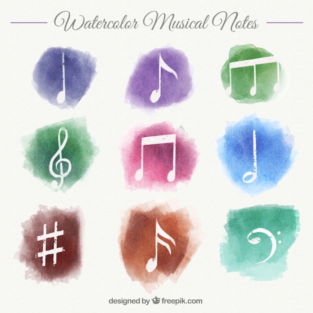 Free vector collection of musical notes with watercolor stains