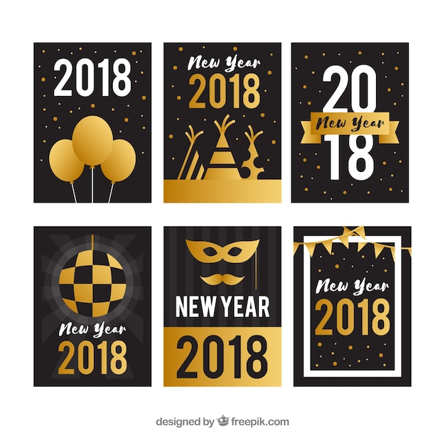 Collection of new year greeting cards in black with golden elements