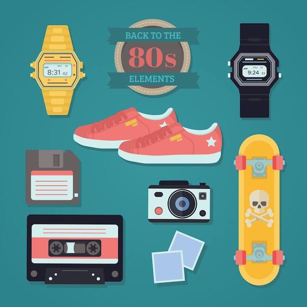 Free Vector collection of objects eighties in flat design