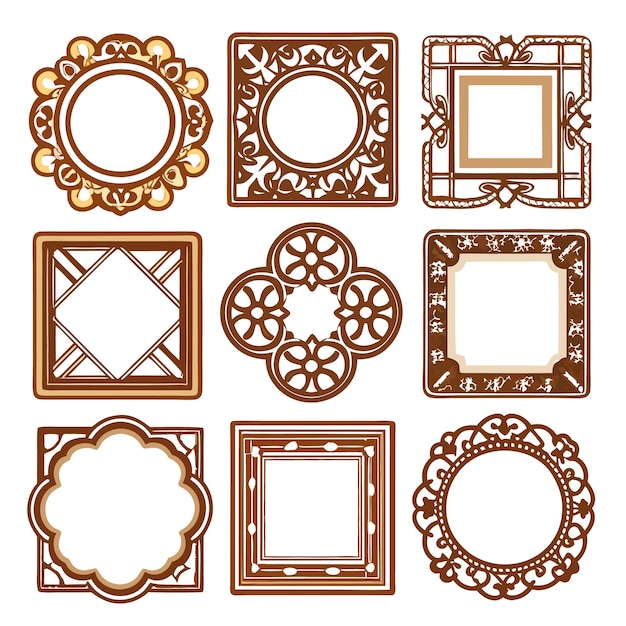 Collection of ornate picture frames with white backgrounds and brown frames