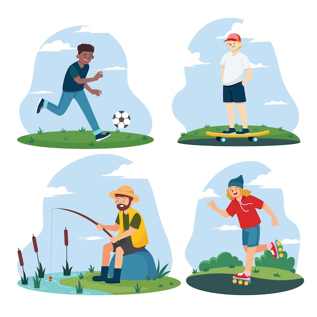 Collection of people doing summer outdoor activities