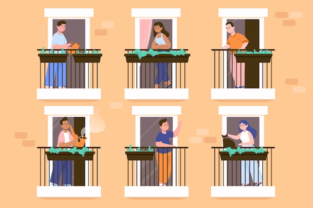 Free Vector collection of people staying on their balconies