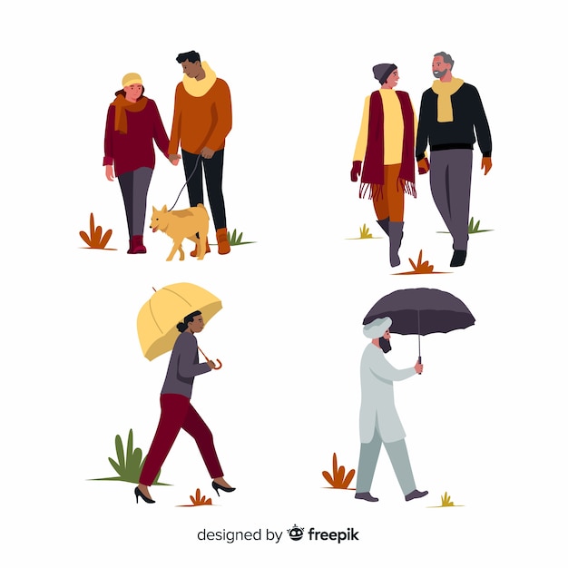 Free Vector collection of people walking in autumn