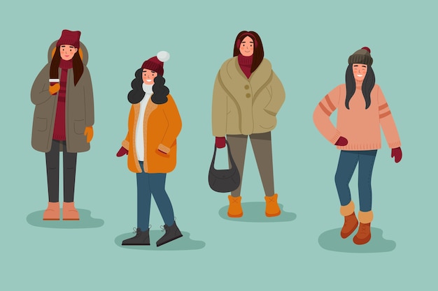 Free vector collection of people wearing cozy clothes in winter