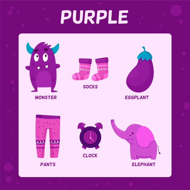 Collection of purple objects and vocabulary words in english