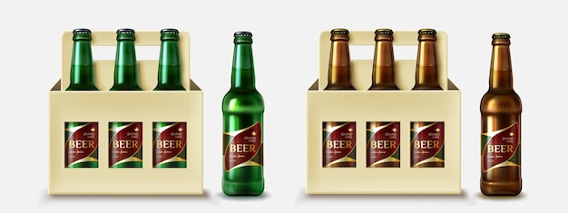 Collection of realistic beer bottles with crates