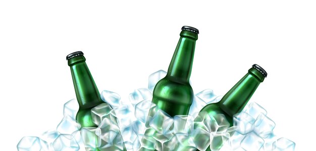 Collection of realistic beer bottles with ice