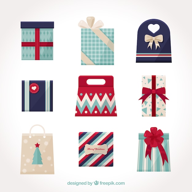 Free Vector collection of retro christmas gifts in flat design