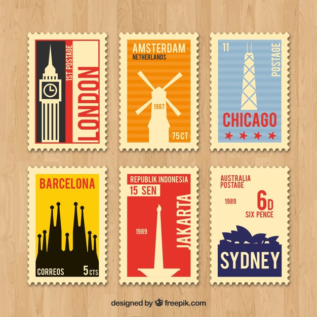 Collection of retro travel stamps