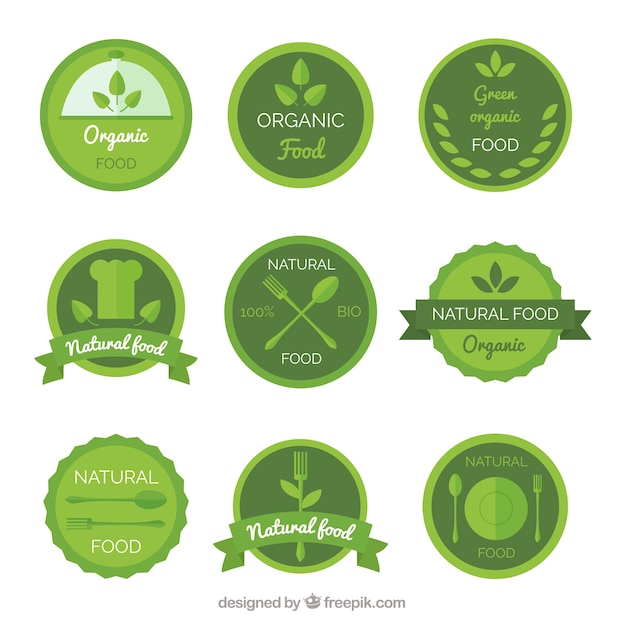 Collection of round organic food stickers in green tones