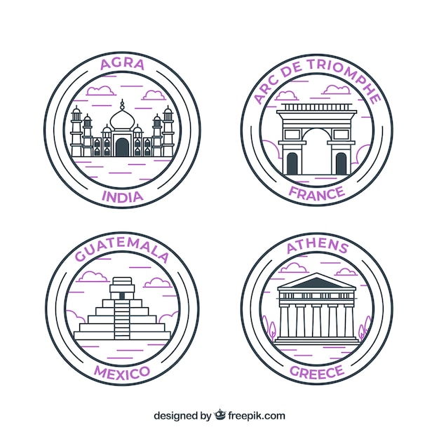 Free Vector collection of round stamps with landmarks