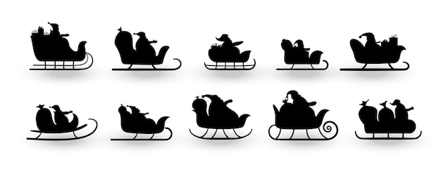 Free Vector collection of santa claus on sleigh in silhouette style for xmas design