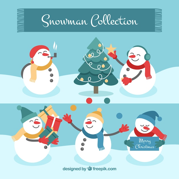 Collection set of snowman with christmas tree