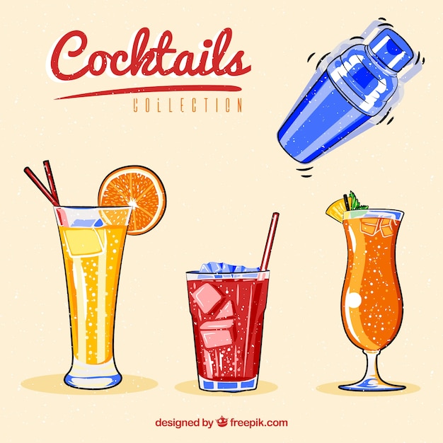 Collection of shaker and hand-drawn summer drinks 