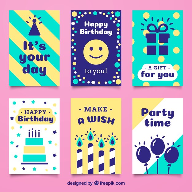 Collection of six birthday cards in flat design