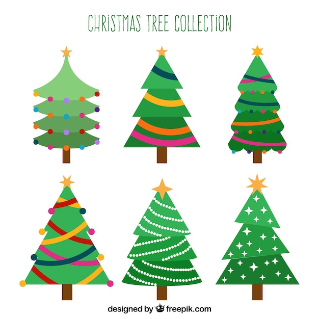 Collection of six christmas trees in different shades of green