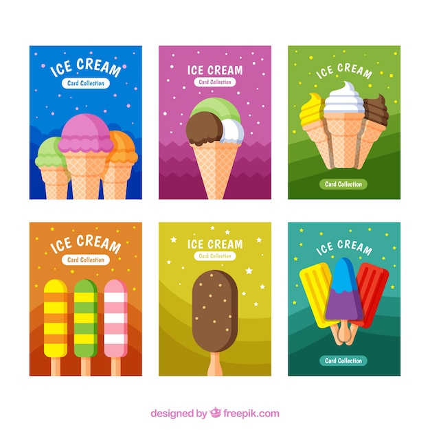 Free Vector collection of six colored cards with delicious ice creams