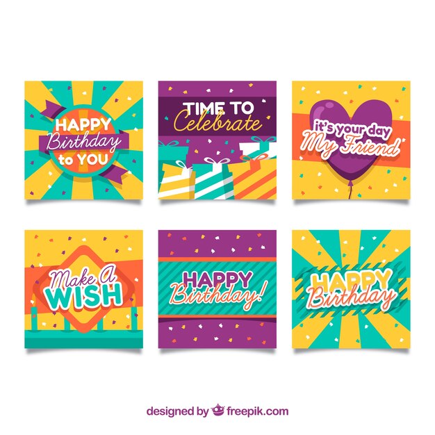 Collection of six colourful birthday cards in flat design