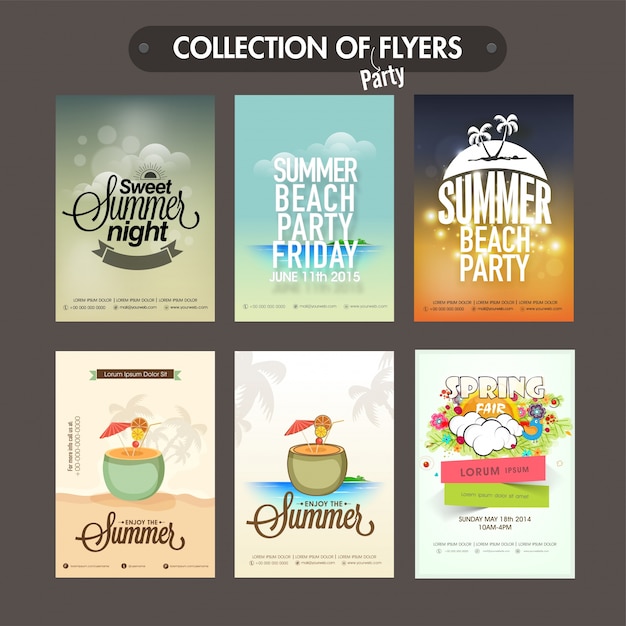  Collection of six different Summer Party flyers, templates or invitation cards design