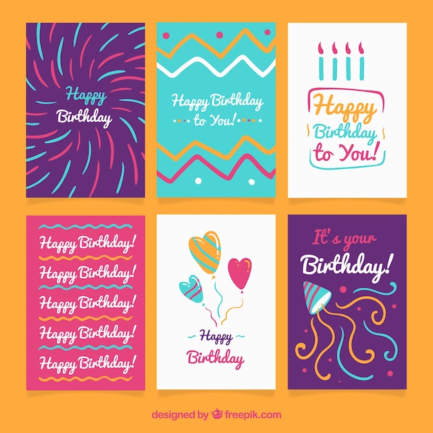 Collection of six hand drawn birthday cards