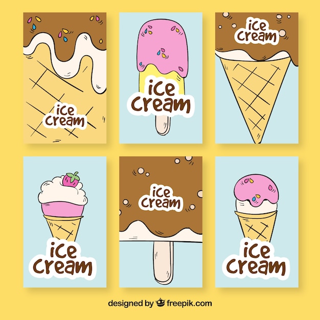 Collection of six hand-drawn cards with tasty ice creams