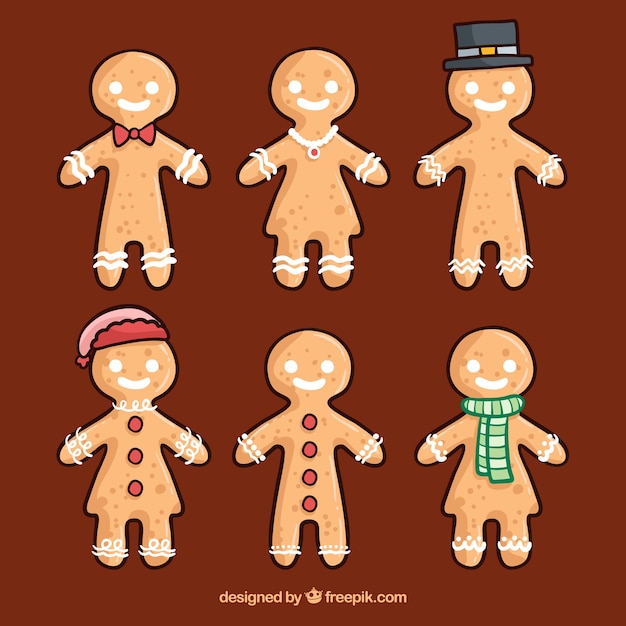 Free Vector collection of six hand drawn gingerbread man cookies