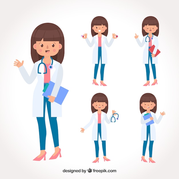 Collection of smiley female doctor with clipboard and stethoscope