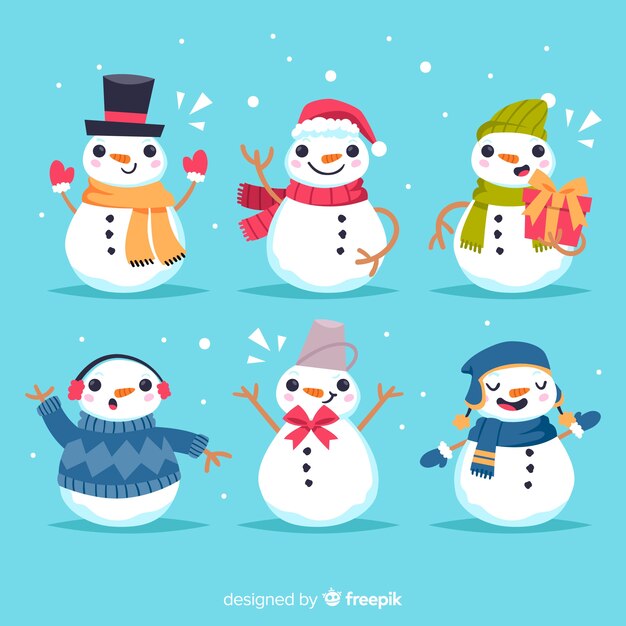 Collection of snowman character in flat design